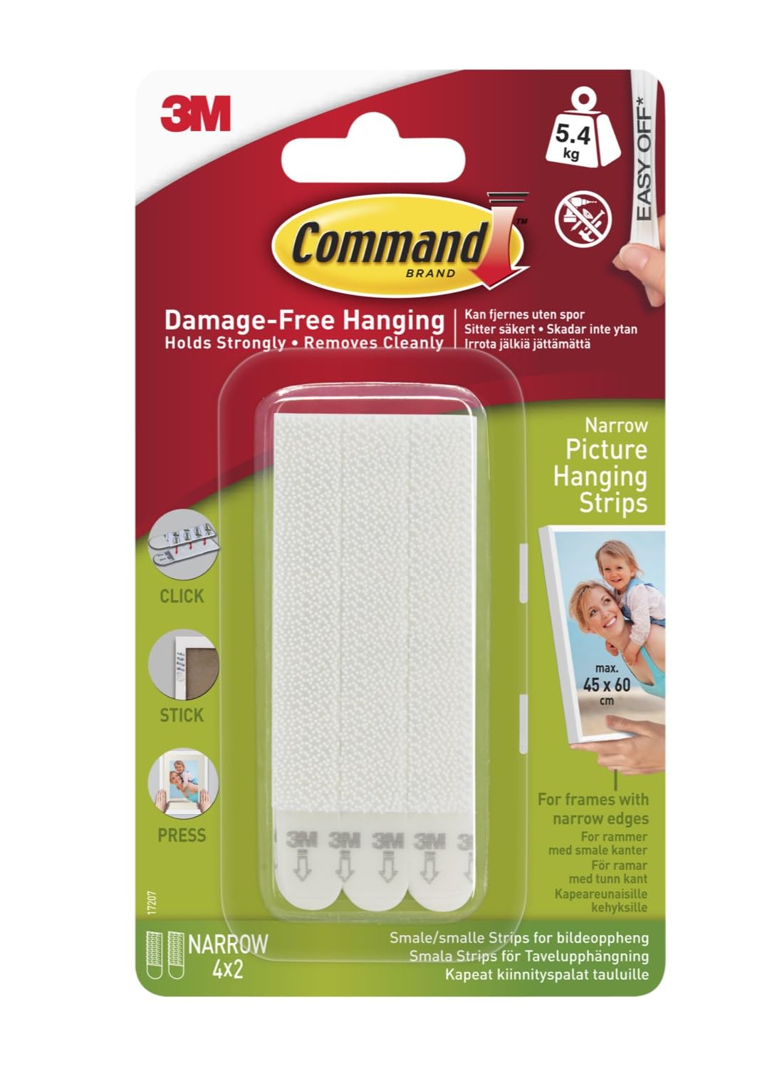 Command - Picture Hanging Strips w/Adhes, Narrow, 4/PK, White, Sold as 1 Package, MMM 17207 by 3M