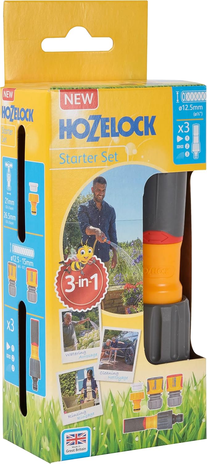 HOZELOCK - Starter Nozzle Kit 3-in-1 : Ergonomic Soft Grip Lance, Non-Slip, 3 Jets, 2 Connections Ø 12.5mm - Ø 15mm (1/2" - 5/8"), 1 Tap Connection [‎100-100-228]