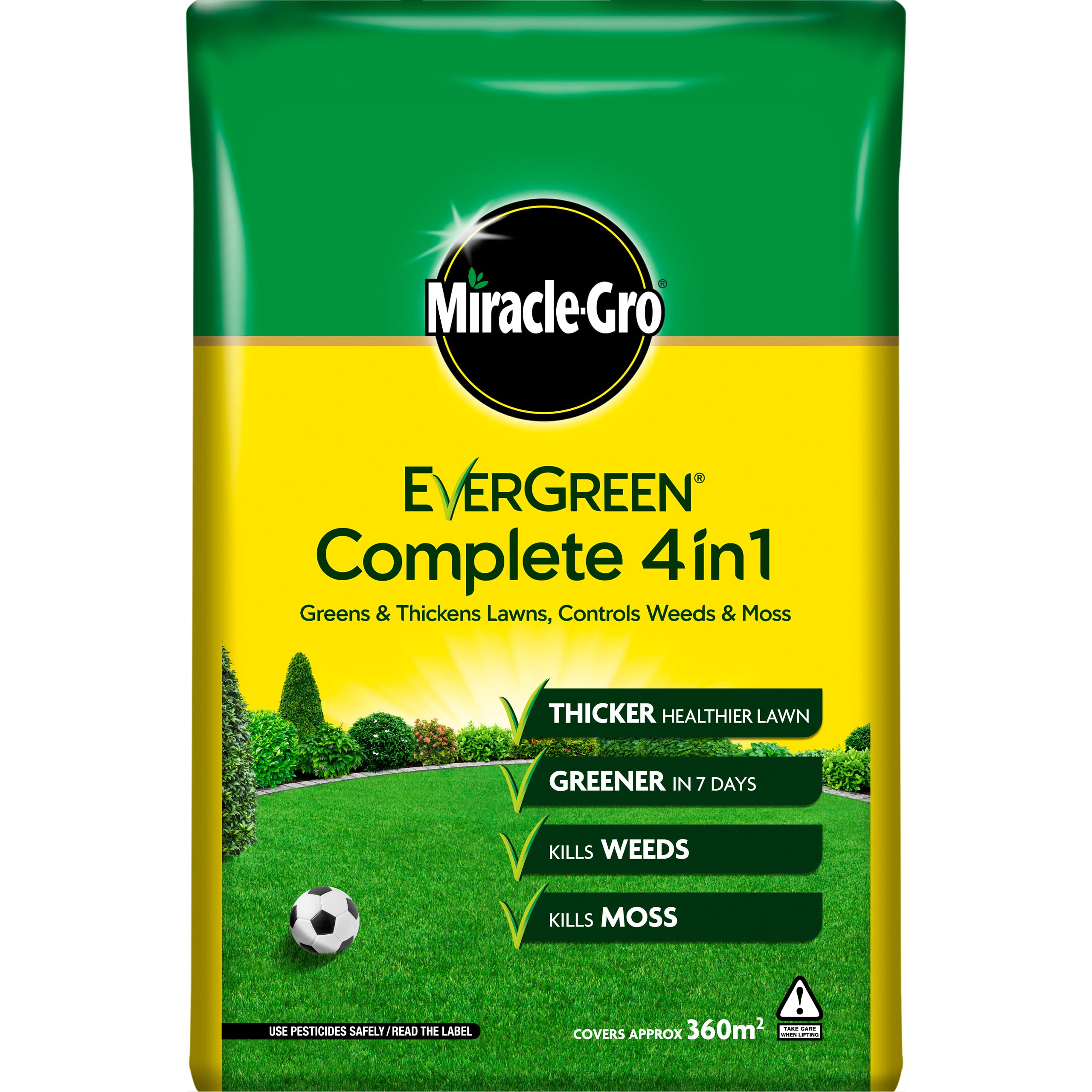 Miracle-Gro Evergreen Complete 4-in-1 Lawn Food, Weed & Moss Control, 360 m2, Yellow