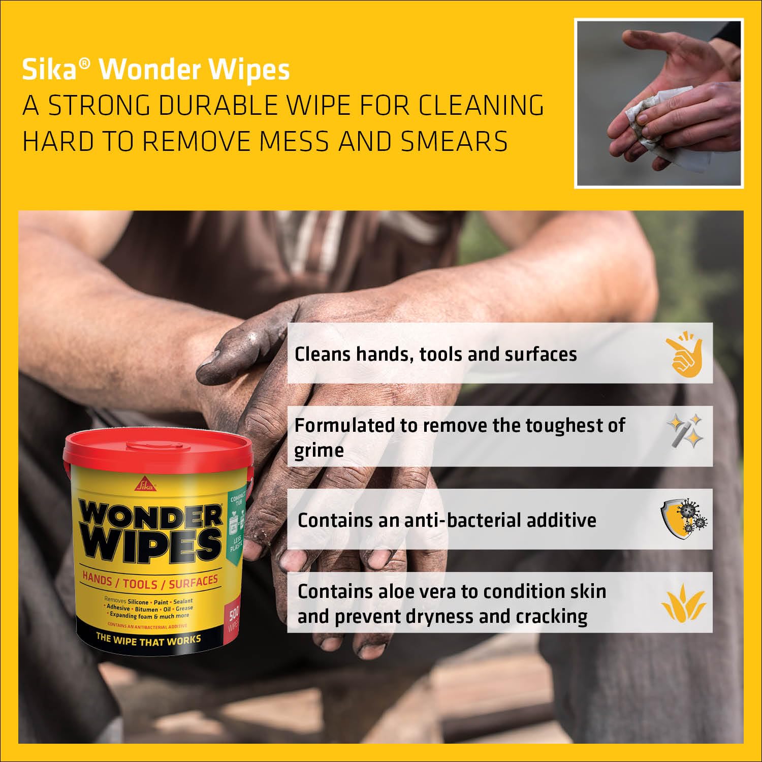 SIKA - Wonder Wipes Multi-Use Cleaning Wipes for the Building Trade - Specially Formulated to Clean Hands, Tools and Surfaces - 500 Wipes