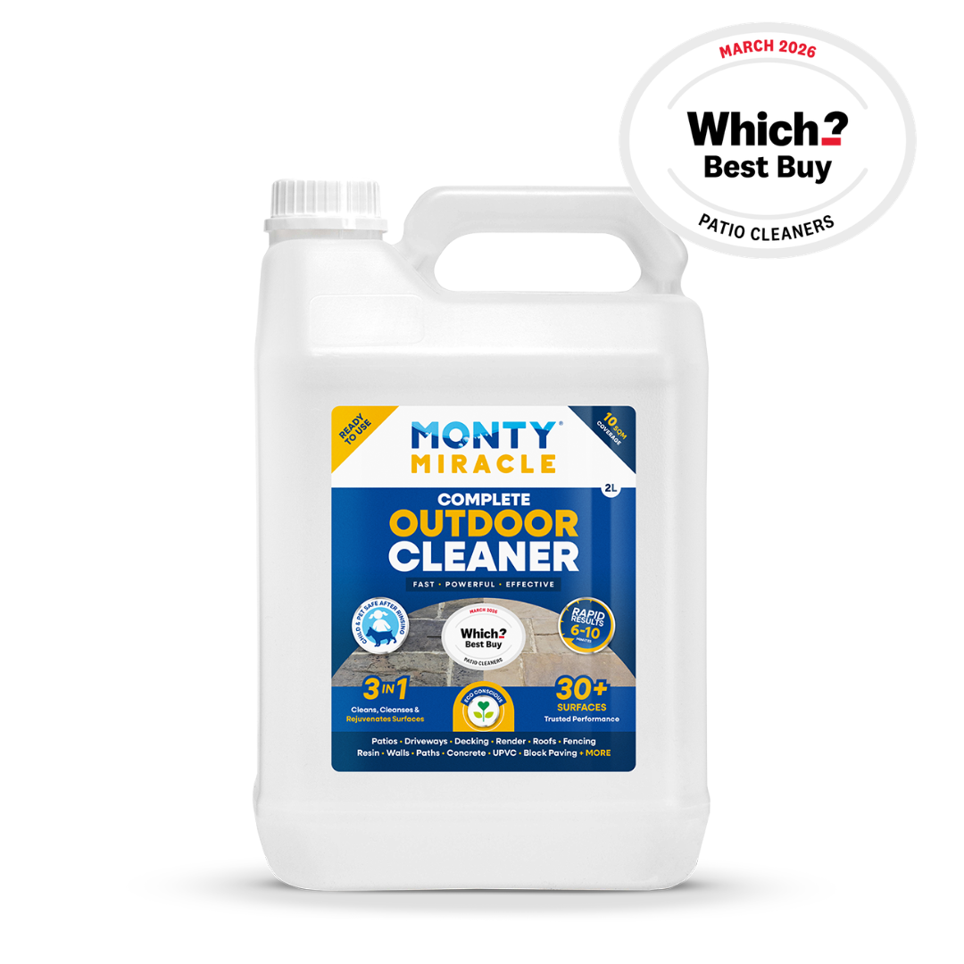 Monty Miracle® Outdoor Cleaner, 2 Litre. Clean & Rejuvenate your Patio, Decking, Fencing, Paths, Driveway, Render & More - Results in 6-10 Minutes! Slip free, Pet & Child Safe after Rinsing. (2L)